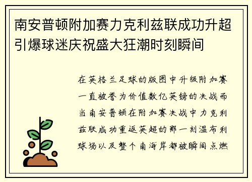南安普顿附加赛力克利兹联成功升超引爆球迷庆祝盛大狂潮时刻瞬间