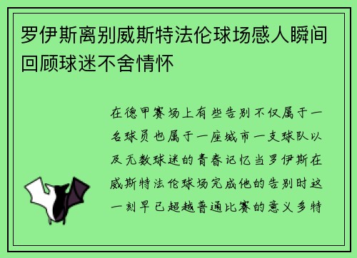 罗伊斯离别威斯特法伦球场感人瞬间回顾球迷不舍情怀